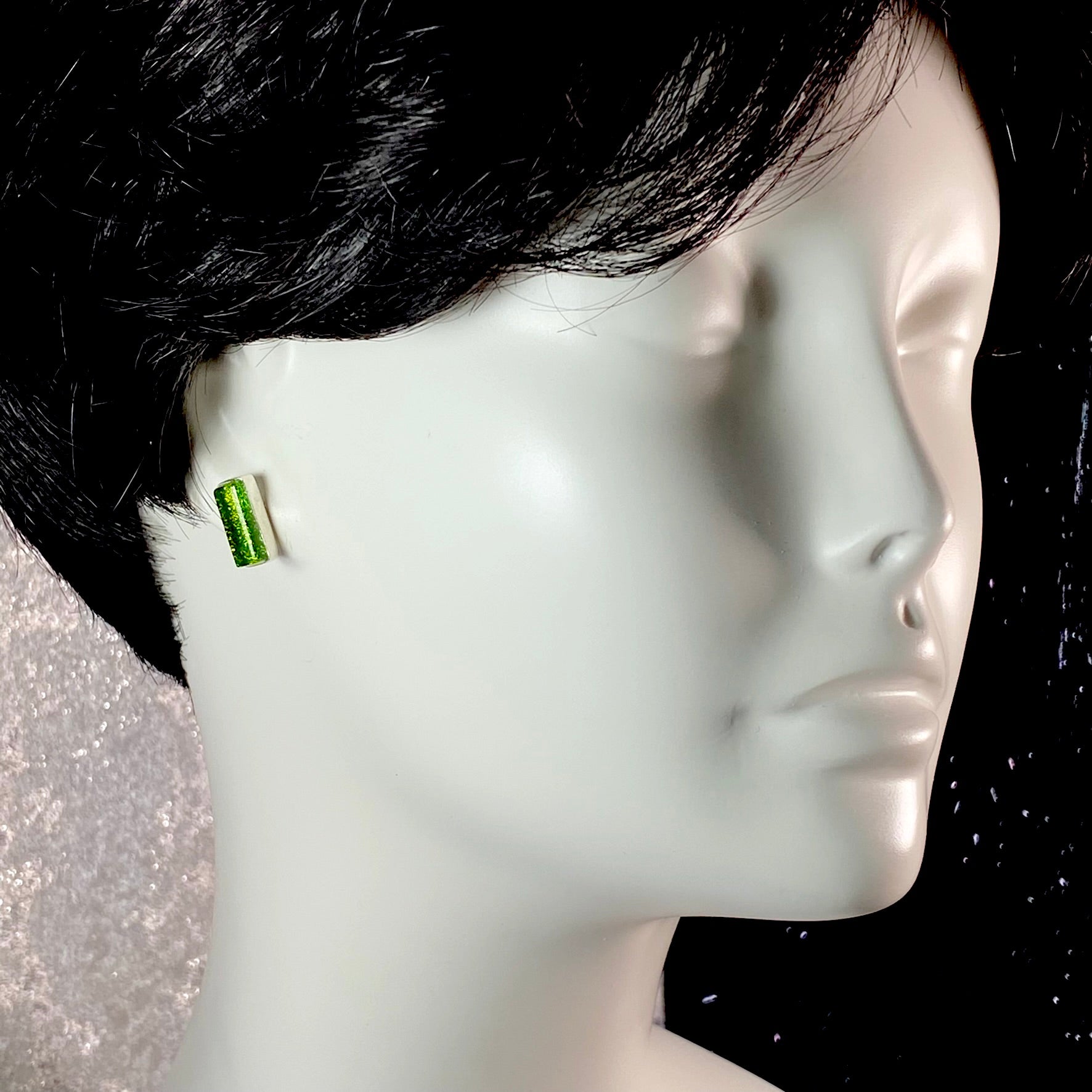 green rectangle post earrings, fused glass, glass jewelry, glass and silver jewelry, handmade, handcrafted, American Craft, hand fabricated jewelry, hand fabricated jewellery, Athen, Georgia, colorful jewelry, sparkle, bullseye glass, dichroic glass, art jewelry