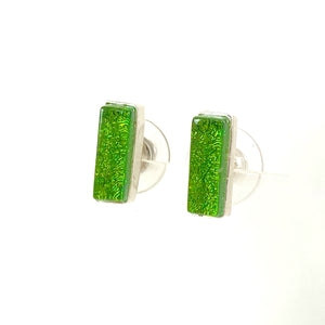 green rectangle post earrings, fused glass, glass jewelry, glass and silver jewelry, handmade, handcrafted, American Craft, hand fabricated jewelry, hand fabricated jewellery, Athen, Georgia, colorful jewelry, sparkle, bullseye glass, dichroic glass, art jewelry