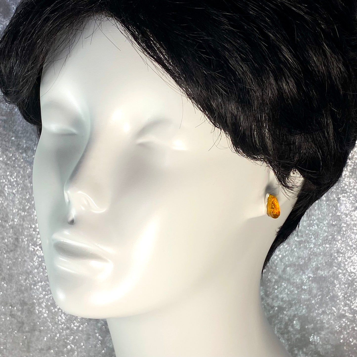 yellow teardrop post earrings, fused glass, glass jewelry, glass and silver jewelry, handmade, handcrafted, American Craft, hand fabricated jewelry, hand fabricated jewellery, Athen, Georgia, colorful jewelry, sparkle, bullseye glass, dichroic glass, art jewelry