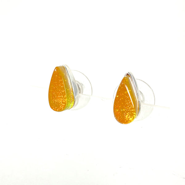 yellow teardrop post earrings, fused glass, glass jewelry, glass and silver jewelry, handmade, handcrafted, American Craft, hand fabricated jewelry, hand fabricated jewellery, Athen, Georgia, colorful jewelry, sparkle, bullseye glass, dichroic glass, art jewelry
