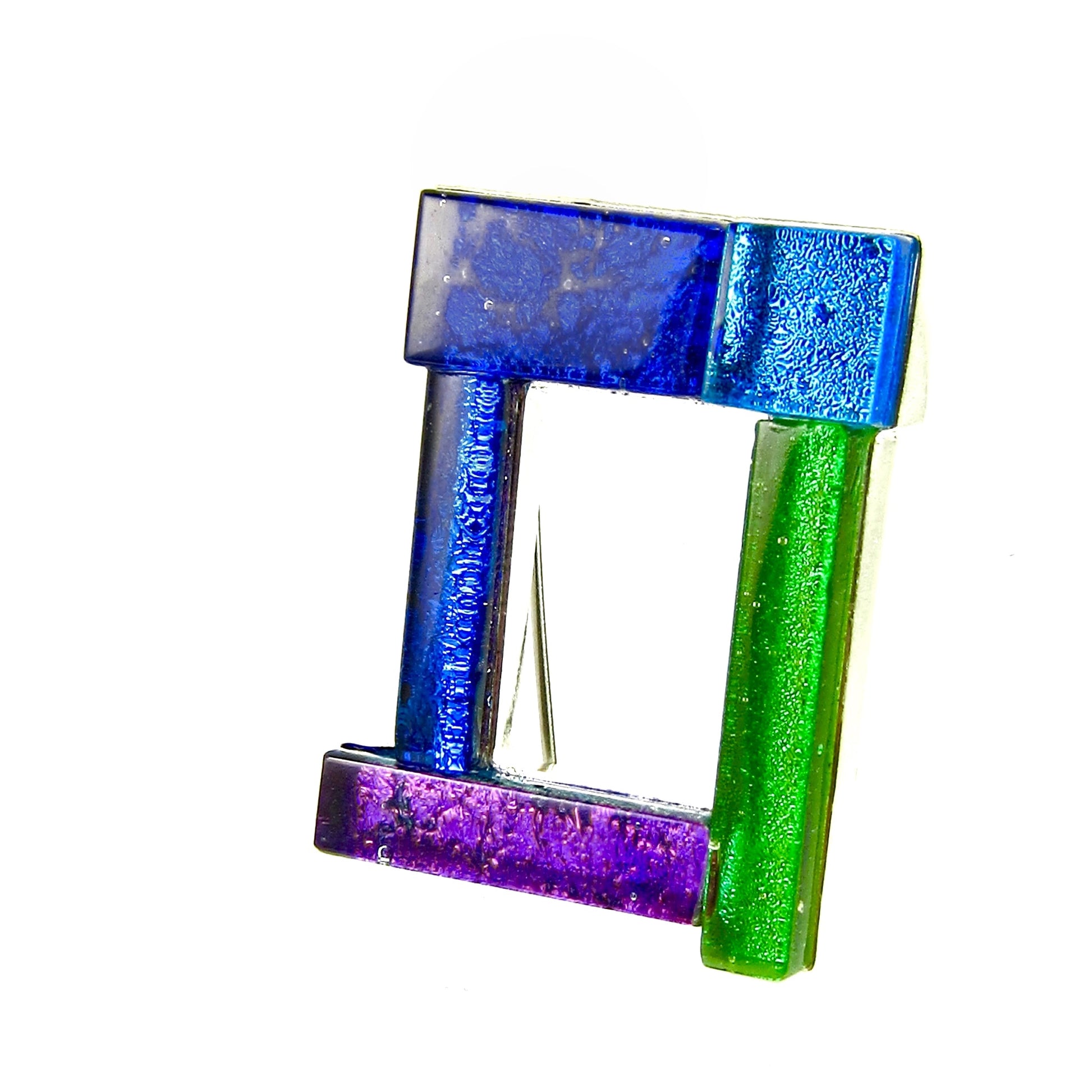open rectangle brooch, blue, purple, green pin, fused glass, glass jewelry, glass and silver jewelry, handmade, handcrafted, American Craft, hand fabricated jewelry, hand fabricated jewellery,  Athen, Georgia, colorful jewelry, sparkle, bullseye glass, dichroic glass, art jewelry
