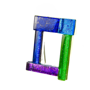 open rectangle brooch, blue, purple, green pin, fused glass, glass jewelry, glass and silver jewelry, handmade, handcrafted, American Craft, hand fabricated jewelry, hand fabricated jewellery,  Athen, Georgia, colorful jewelry, sparkle, bullseye glass, dichroic glass, art jewelry