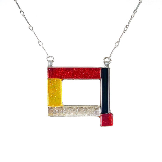 open rectangle necklace, mid century modern inspired, red, yellow, black and white, fused glass, glass jewelry, glass and silver jewelry, handmade, handcrafted, American Craft, hand fabricated jewelry, hand fabricated jewellery,  Athen, Georgia, colorful jewelry, sparkle, bullseye glass, dichroic glass, art jewelry
