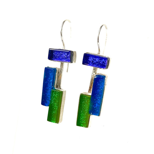 modern art inspired, purple, blue, green earrings, fused glass, glass jewelry, glass and silver jewelry, handmade, handcrafted, American Craft, hand fabricated jewelry, hand fabricated jewellery, Athen, Georgia, colorful jewelry, sparkle, bullseye glass, dichroic glass, art jewelry