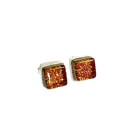 amber, gold, square earrings, fused glass, glass jewelry, glass and silver jewelry, handmade, handcrafted, American Craft, hand fabricated jewelry, hand fabricated jewellery,  Athen, Georgia, colorful jewelry, sparkle, bullseye glass, dichroic glass, art jewelry
