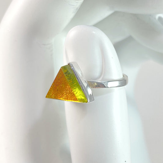 amber gold glass triangle ring, fused glass, glass jewelry, glass and silver jewelry, handmade, handcrafted, American Craft, hand fabricated jewelry, hand fabricated jewellery, Athens, Georgia, colorful jewelry, sparkle, bullseye glass, dichroic glass, art jewelry