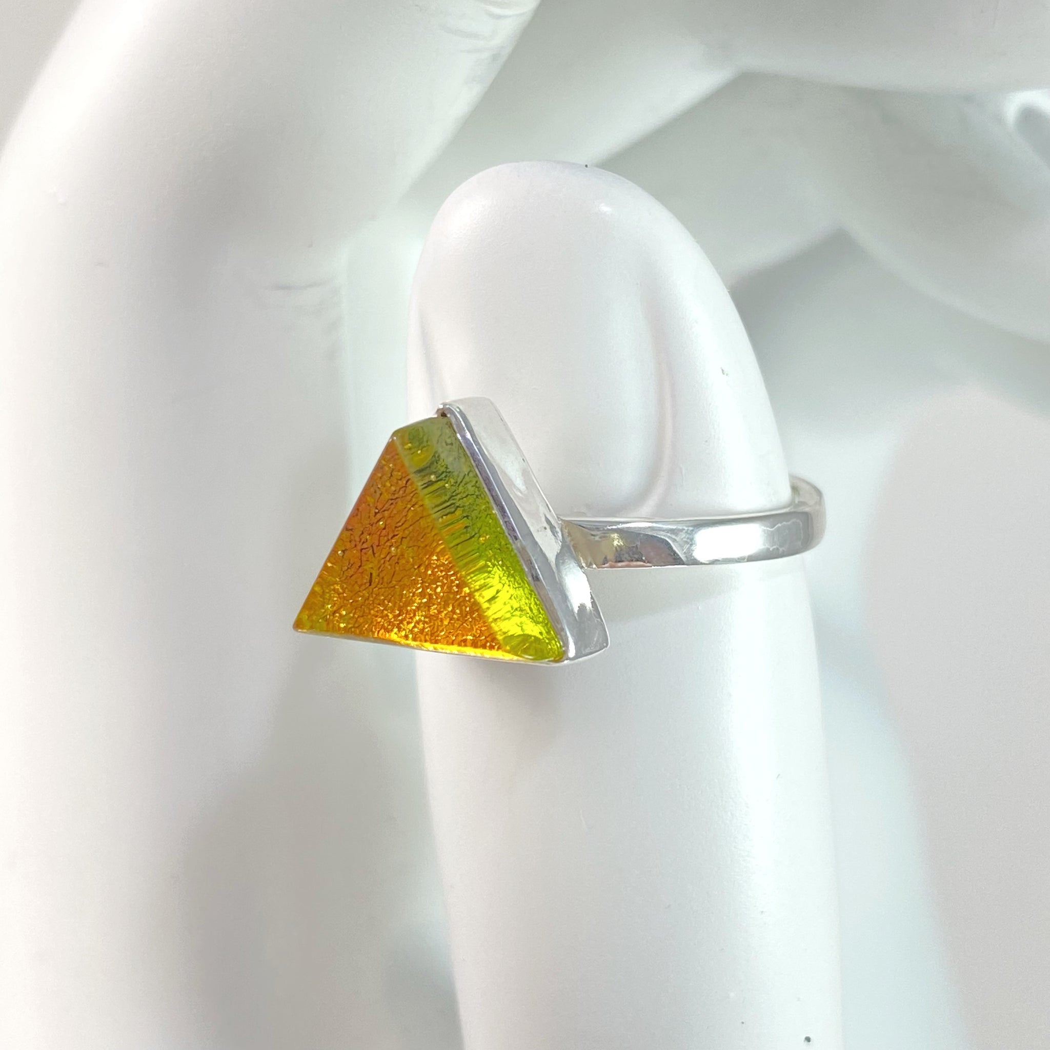 amber gold glass triangle ring, fused glass, glass jewelry, glass and silver jewelry, handmade, handcrafted, American Craft, hand fabricated jewelry, hand fabricated jewellery, Athens, Georgia, colorful jewelry, sparkle, bullseye glass, dichroic glass, art jewelry
