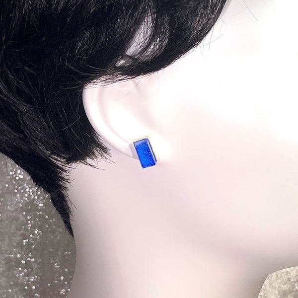 azure, blue, rectangle earrings, fused glass, glass jewelry, glass and silver jewelry, handmade, handcrafted, American Craft, hand fabricated jewelry, hand fabricated jewellery, Athen, Georgia, colorful jewelry, sparkle, bullseye glass, dichroic glass, art jewelry