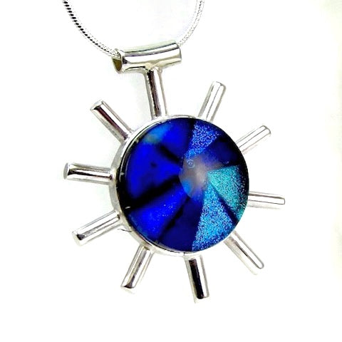 blue  melange, blue, abstract corona pendant necklace, fused glass, glass jewelry, glass and silver jewelry, handmade, handcrafted, American Craft, hand fabricated jewelry, hand fabricated jewellery, Athen, Georgia, colorful jewelry, sparkle, bullseye glass, dichroic glass, art jewelry