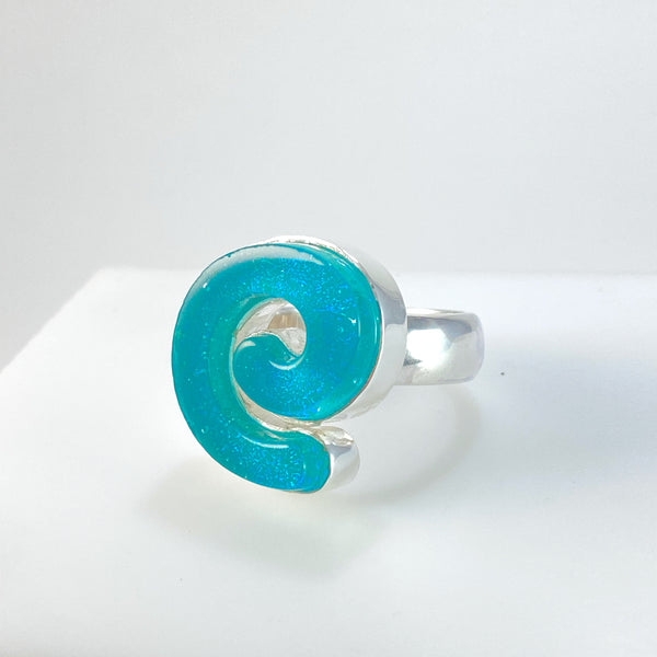 blue glass spiral ring, fused glass, glass jewelry, glass and silver jewelry, handmade, handcrafted, American Craft, hand fabricated jewelry, hand fabricated jewellery, Athen, Georgia, colorful jewelry, sparkle, bullseye glass, dichroic glass, art jewelry