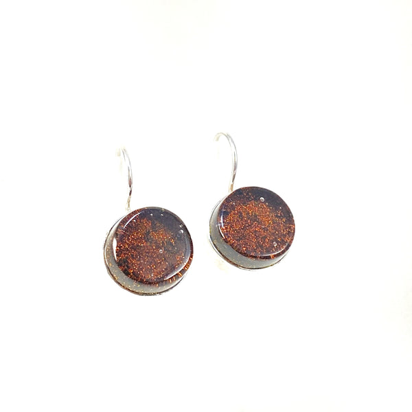 chocolate, brown, glass earrings, fused glass, glass jewelry, glass and silver jewelry, handmade, handcrafted, American Craft, hand fabricated jewelry, hand fabricated jewellery, Athen, Georgia, colorful jewelry, sparkle, bullseye glass, dichroic glass