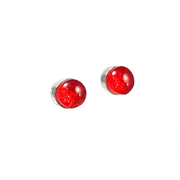 red, circle earrings, fused glass, glass jewelry, glass and silver jewelry, handmade, handcrafted, American Craft, hand fabricated jewelry, hand fabricated jewellery,  Athen, Georgia, colorful jewelry, sparkle, bullseye glass, dichroic glass, art jewelry