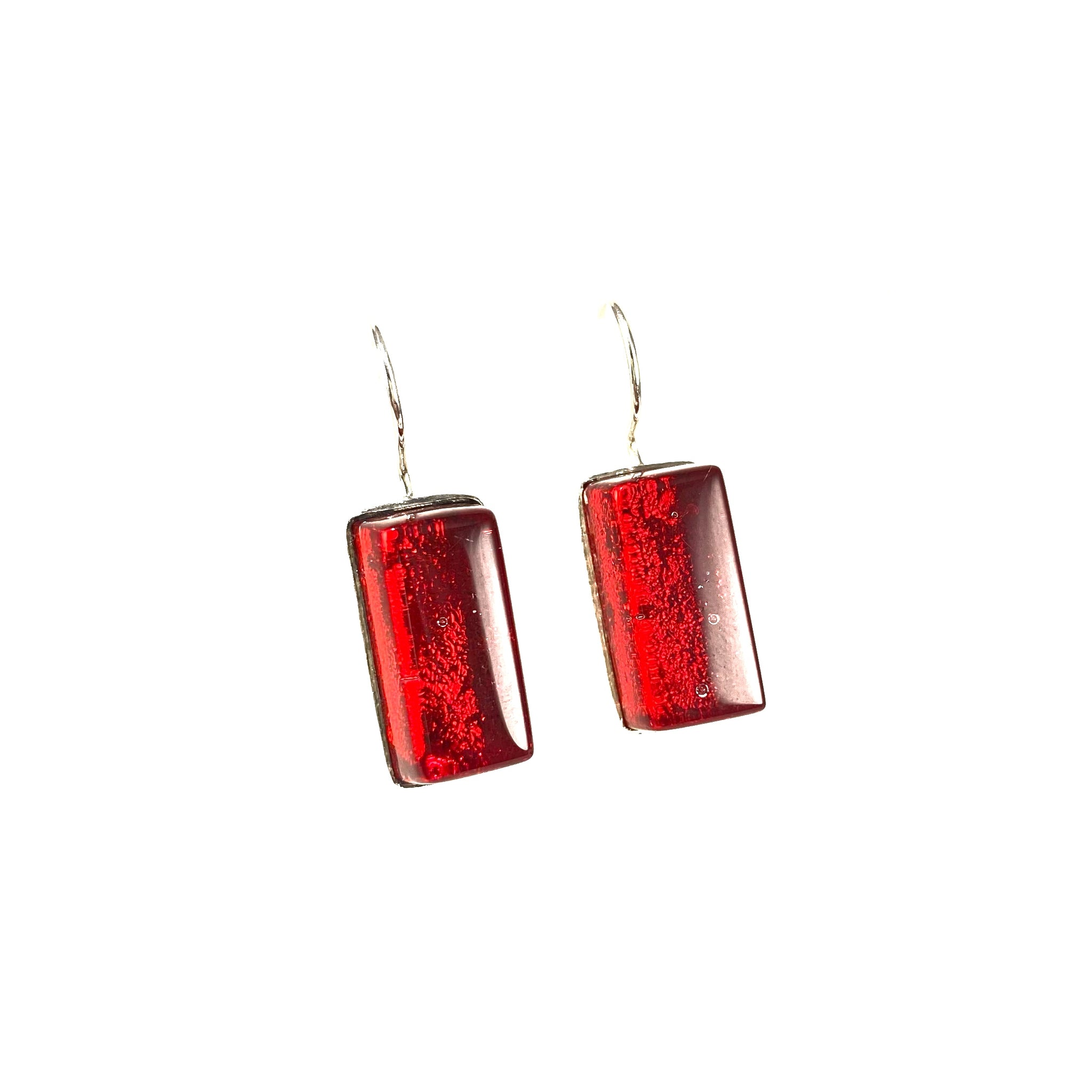 cherry, red, rectangle earrings, fused glass, glass jewelry, glass and silver jewelry, handmade, handcrafted, American Craft, hand fabricated jewelry, hand fabricated jewellery,  Athen, Georgia, colorful jewelry, sparkle, bullseye glass, dichroic glass
