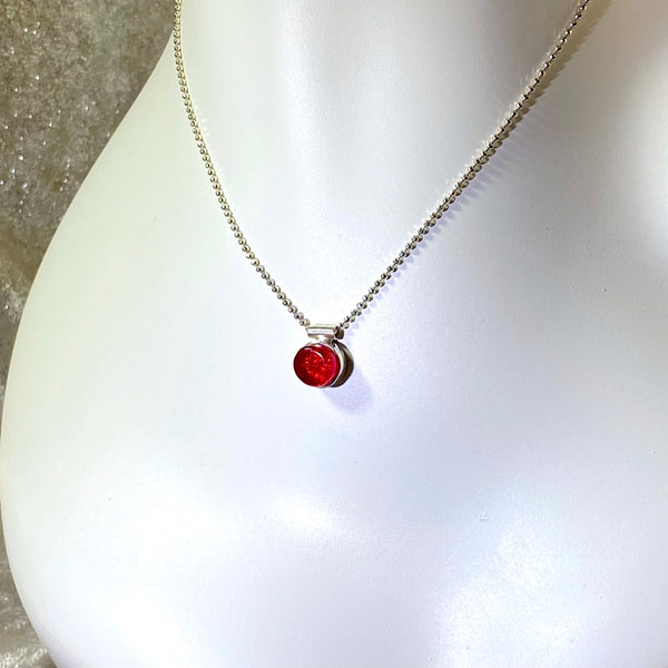 Circle cherry red small necklace, glass jewelry, glass and silver jewelry, handmade, handcrafted, American Craft, hand fabricated jewelry, hand fabricated jewellery, Athen, Georgia, colorful jewelry, sparkle, bullseye glass, dichroic glass, art jewelry