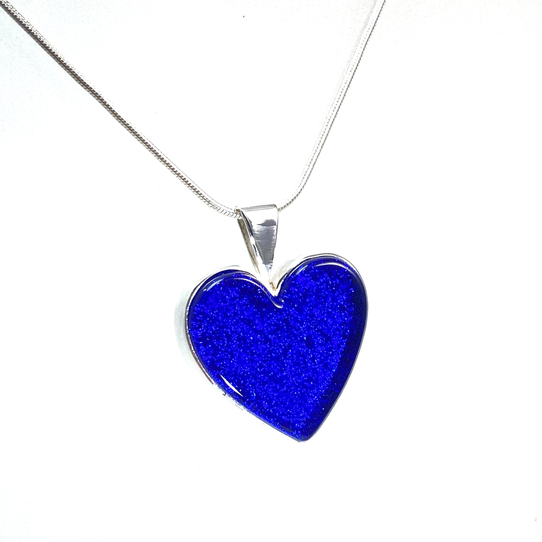 cobalt blue glass heart necklace, fused glass, glass jewelry, glass and silver jewelry, handmade, handcrafted, American Craft, hand fabricated jewelry, hand fabricated jewellery, Athen, Georgia, colorful jewelry, sparkle, bullseye glass, dichroic glass, art jewelry