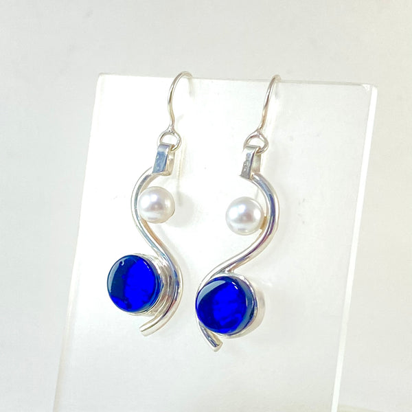 Silver S Cobalt Circle with Pearls Earrings