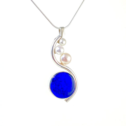 Silver S Cobalt Circle with Pearls Necklace