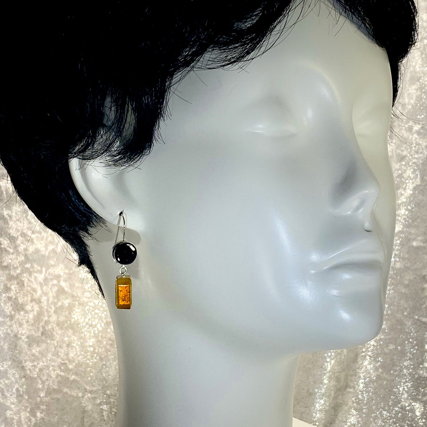 double drop earrings, black, yellow, fused glass, glass jewelry, glass and silver jewelry, handmade, handcrafted, American Craft, hand fabricated jewelry, hand fabricated jewellery, Athen, Georgia, colorful jewelry, sparkle, bullseye glass, dichroic glass, art jewelry