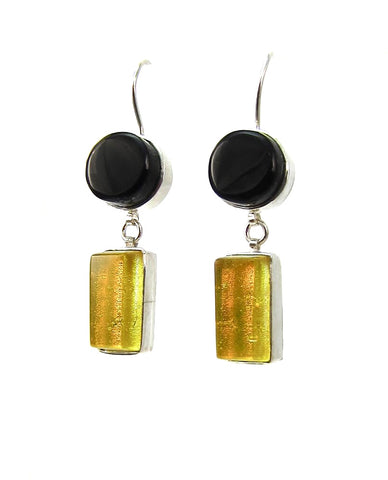 double drop earrings, black, yellow, fused glass, glass jewelry, glass and silver jewelry, handmade, handcrafted, American Craft, hand fabricated jewelry, hand fabricated jewellery,  Athen, Georgia, colorful jewelry, sparkle, bullseye glass, dichroic glass, art jewelry