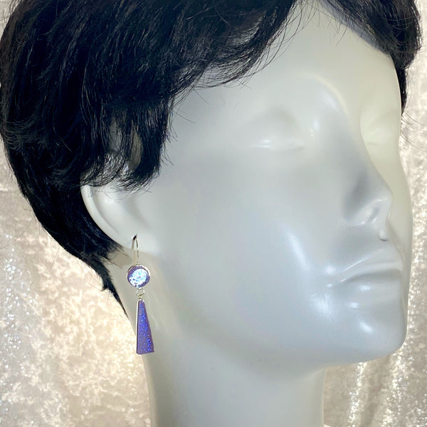 double drop earrings, lilac, lavender, fused glass, glass jewelry, glass and silver jewelry, handmade, handcrafted, American Craft, hand fabricated jewelry, hand fabricated jewellery, Athen, Georgia, colorful jewelry, sparkle, bullseye glass, dichroic glass, art jewelry