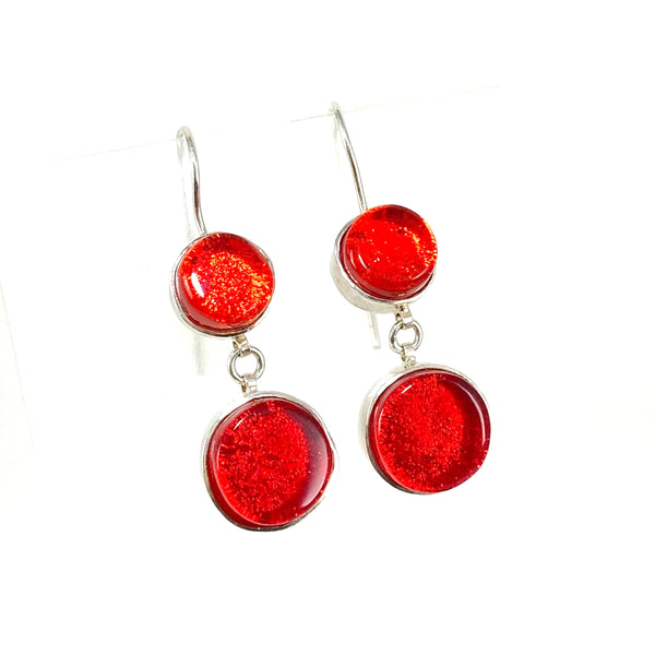 double drop earrings, sangria orange, cherry red, fused glass, glass jewelry, glass and silver jewelry, handmade, handcrafted, American Craft, hand fabricated jewelry, hand fabricated jewellery,  Athen, Georgia, colorful jewelry, sparkle, bullseye glass, dichroic glass, art jewelry
