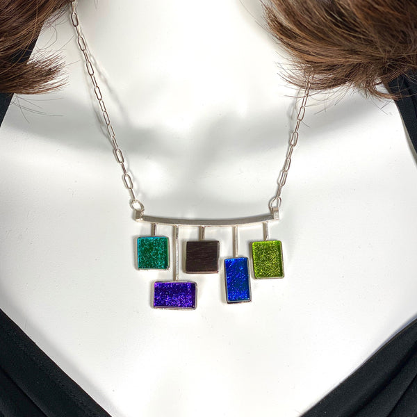 teal green, grape purple, ebony wood, indigo blue, citron green, mid century inspired, necklace, fused glass, glass jewelry, glass and silver jewelry, handmade, handcrafted, American Craft, hand fabricated jewelry, hand fabricated jewellery, Athen, Georgia, colorful jewelry, sparkle, bullseye glass, dichroic glass, art jewelry 