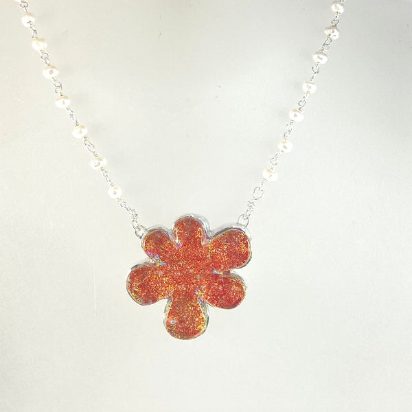 Flower Necklace with Pearl Chain in Salmon