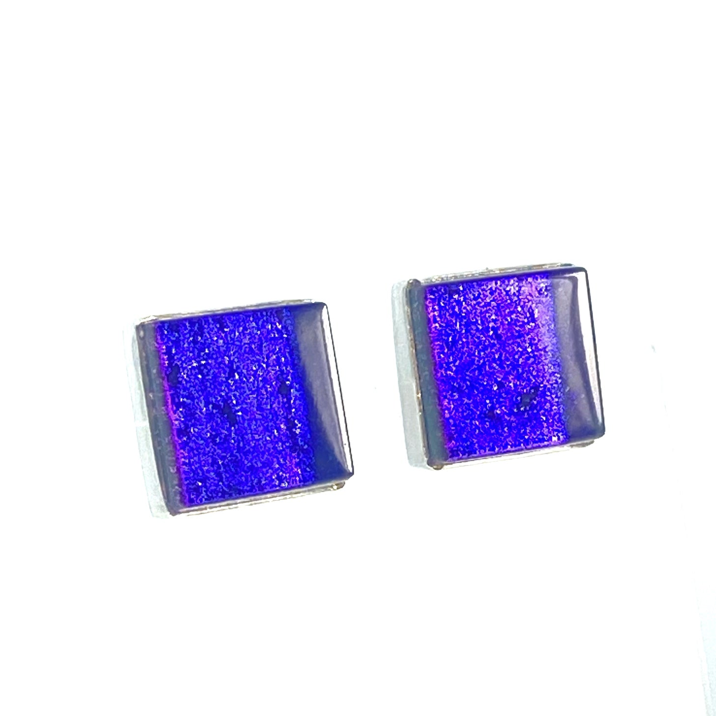 purple, square, post, earrings, fused glass, glass jewelry, glass and silver jewelry, handmade, handcrafted, American Craft, hand fabricated jewelry, hand fabricated jewellery,  Athen, Georgia, colorful jewelry, sparkle, bullseye glass, dichroic glass 
