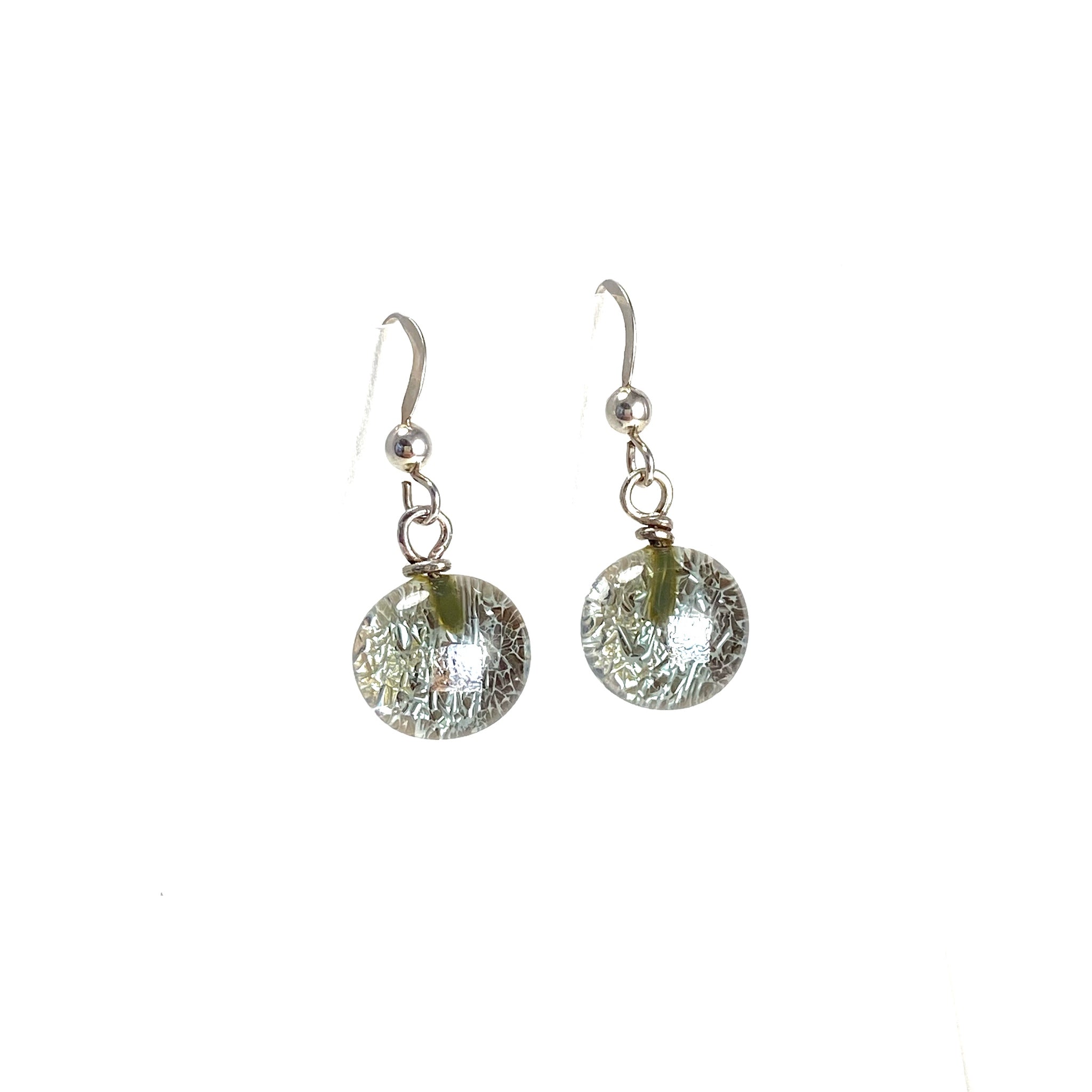 gray, space balls, sparkle, glass drops, earrings, fused glass, glass jewelry, glass and silver jewelry, handmade, handcrafted, American Craft, hand fabricated jewelry, hand fabricated jewellery, Athen, Georgia, colorful jewelry, sparkle, bullseye glass, dichroic glass, art jewelry