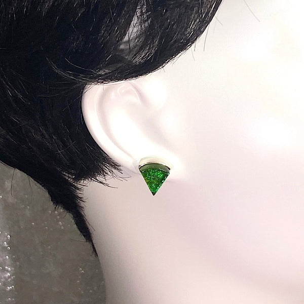 green, fan shape, post earrings, fused glass, glass jewelry, glass and silver jewelry, handmade, handcrafted, American Craft, hand fabricated jewelry, hand fabricated jewellery, Athen, Georgia, colorful jewelry, sparkle, bullseye glass, dichroic glass