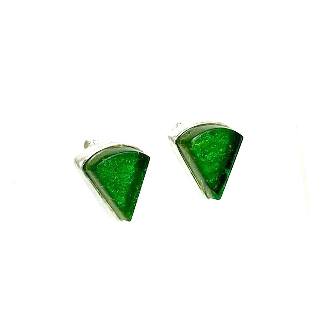 green, fan shape, post earrings, fused glass, glass jewelry, glass and silver jewelry, handmade, handcrafted, American Craft, hand fabricated jewelry, hand fabricated jewellery,  Athen, Georgia, colorful jewelry, sparkle, bullseye glass, dichroic glass 