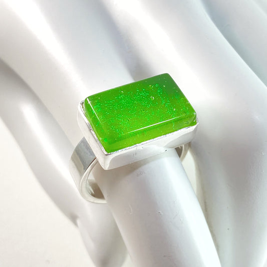 citron green rectangle ring, fused glass, glass jewelry, glass and silver jewelry, handmade, handcrafted, American Craft, hand fabricated jewelry, hand fabricated jewellery, Athens, Georgia, colorful jewelry, sparkle, bullseye glass, dichroic glass, art jewelry
