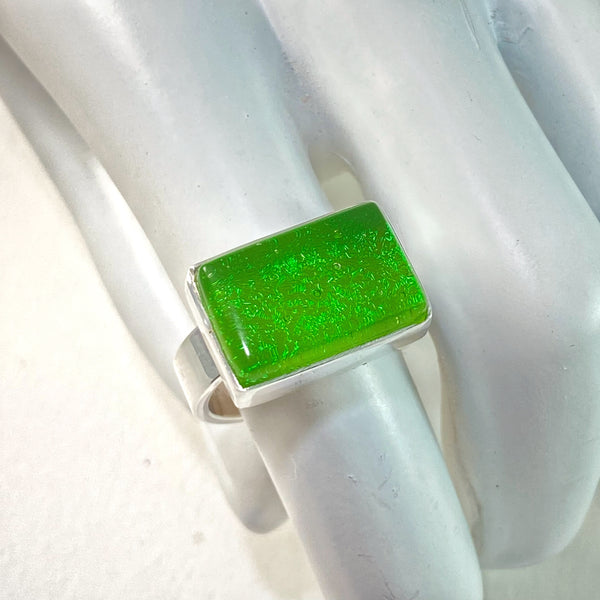 citron green rectangle ring, fused glass, glass jewelry, glass and silver jewelry, handmade, handcrafted, American Craft, hand fabricated jewelry, hand fabricated jewellery, Athens, Georgia, colorful jewelry, sparkle, bullseye glass, dichroic glass, art jewelry