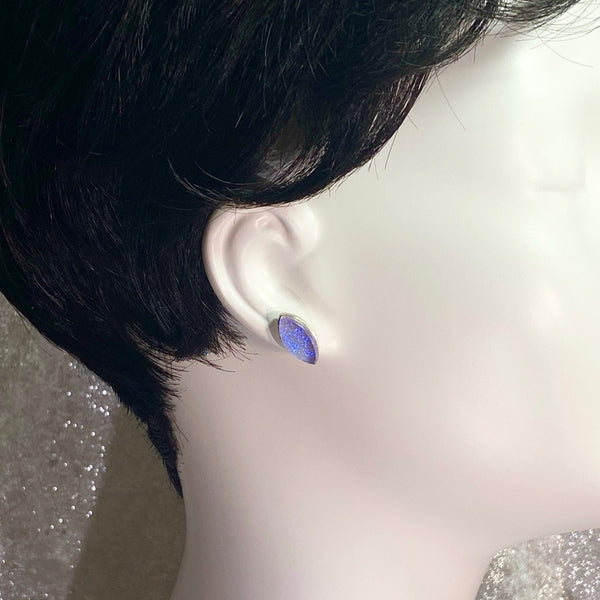 lavender, marquise post earrings, fused glass, glass jewelry, glass and silver jewelry, handmade, handcrafted, American Craft, hand fabricated jewelry, hand fabricated jewellery, Athen, Georgia, colorful jewelry, sparkle, bullseye glass, dichroic glass 