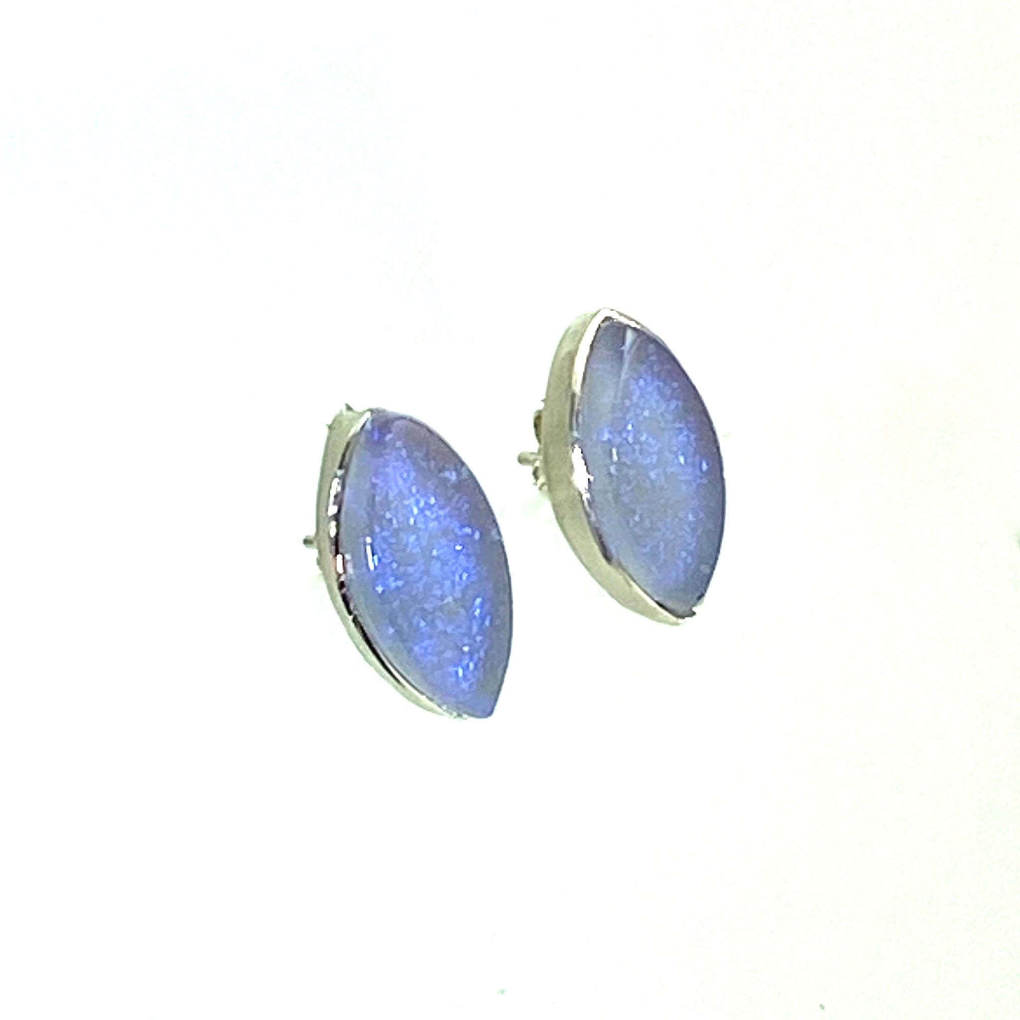 lavender, marquise post earrings, fused glass, glass jewelry, glass and silver jewelry, handmade, handcrafted, American Craft, hand fabricated jewelry, hand fabricated jewellery,  Athen, Georgia, colorful jewelry, sparkle, bullseye glass, dichroic glass 