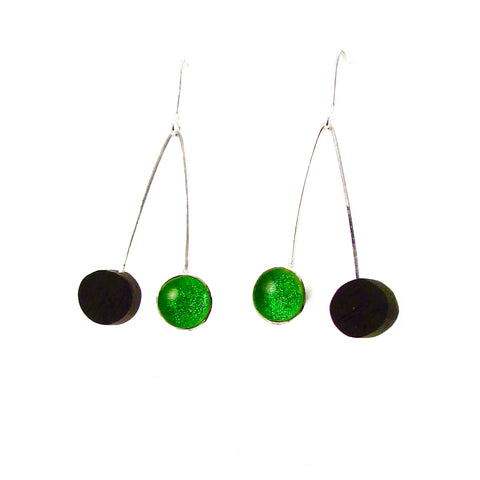 Mid century modern inspired earrings, ebony wood circles, green circle glass earrings, fused glass, glass jewelry, glass and silver jewelry, handmade, handcrafted, American Craft, hand fabricated jewelry, hand fabricated jewellery, Athen, Georgia, colorful jewelry, sparkle, bullseye glass, dichroic glass, art jewelry