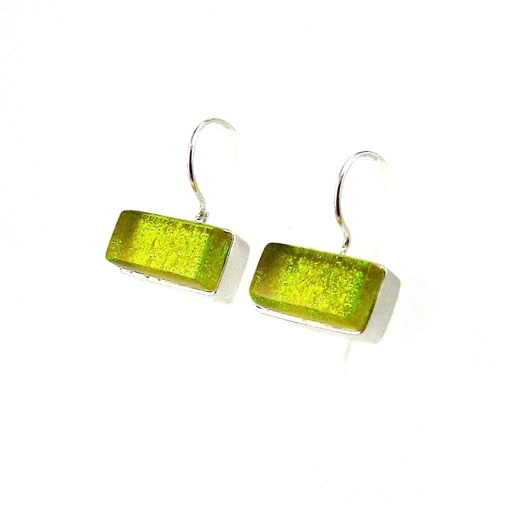 green, rectangles, earrings, fused glass, glass jewelry, glass and silver jewelry, handmade, handcrafted, American Craft, hand fabricated jewelry, hand fabricated jewellery,  Athen, Georgia, colorful jewelry, sparkle, bullseye glass, dichroic glass, art jewelry