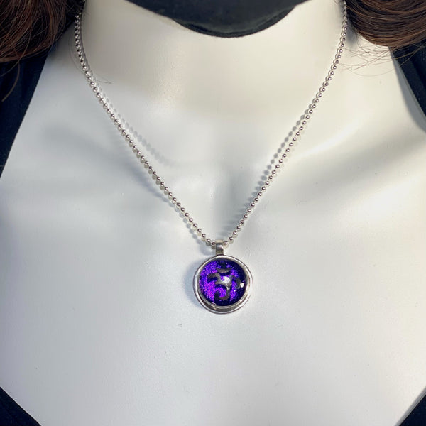 Namaste painted silver luster over purple necklace, fused glass, glass jewelry, glass and silver jewelry, handmade, handcrafted, American Craft, hand fabricated jewelry, hand fabricated jewellery, Athen, Georgia, colorful jewelry, sparkle, bullseye glass, dichroic glass, art jewelry