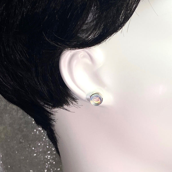 opal, circle earrings, fused glass, glass jewelry, glass and silver jewelry, handmade, handcrafted, American Craft, hand fabricated jewelry, hand fabricated jewellery, Athen, Georgia, colorful jewelry, sparkle, bullseye glass, dichroic glass, art jewelry