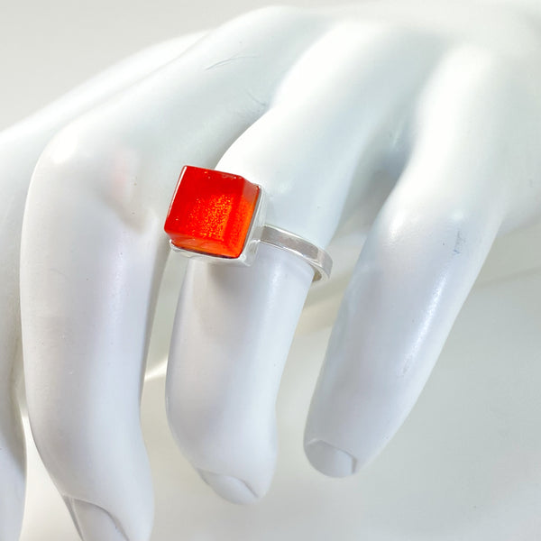 orange square ring, fused glass, glass jewelry, glass and silver jewelry, handmade, handcrafted, American Craft, hand fabricated jewelry, hand fabricated jewellery, Athens, Georgia, colorful jewelry, sparkle, bullseye glass, dichroic glass, art jewelry