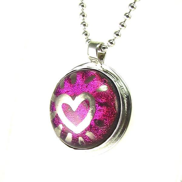 Silver luster painted heart over purple necklace, fused glass, glass jewelry, glass and silver jewelry, handmade, handcrafted, American Craft, hand fabricated jewelry, hand fabricated jewellery, Athen, Georgia, colorful jewelry, sparkle, bullseye glass, dichroic glass, art jewelry