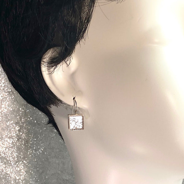 pearl, white, square earrings, fused glass, glass jewelry, glass and silver jewelry, handmade, handcrafted, American Craft, hand fabricated jewelry, hand fabricated jewellery, Athen, Georgia, colorful jewelry, sparkle, bullseye glass, dichroic glass, art jewelry