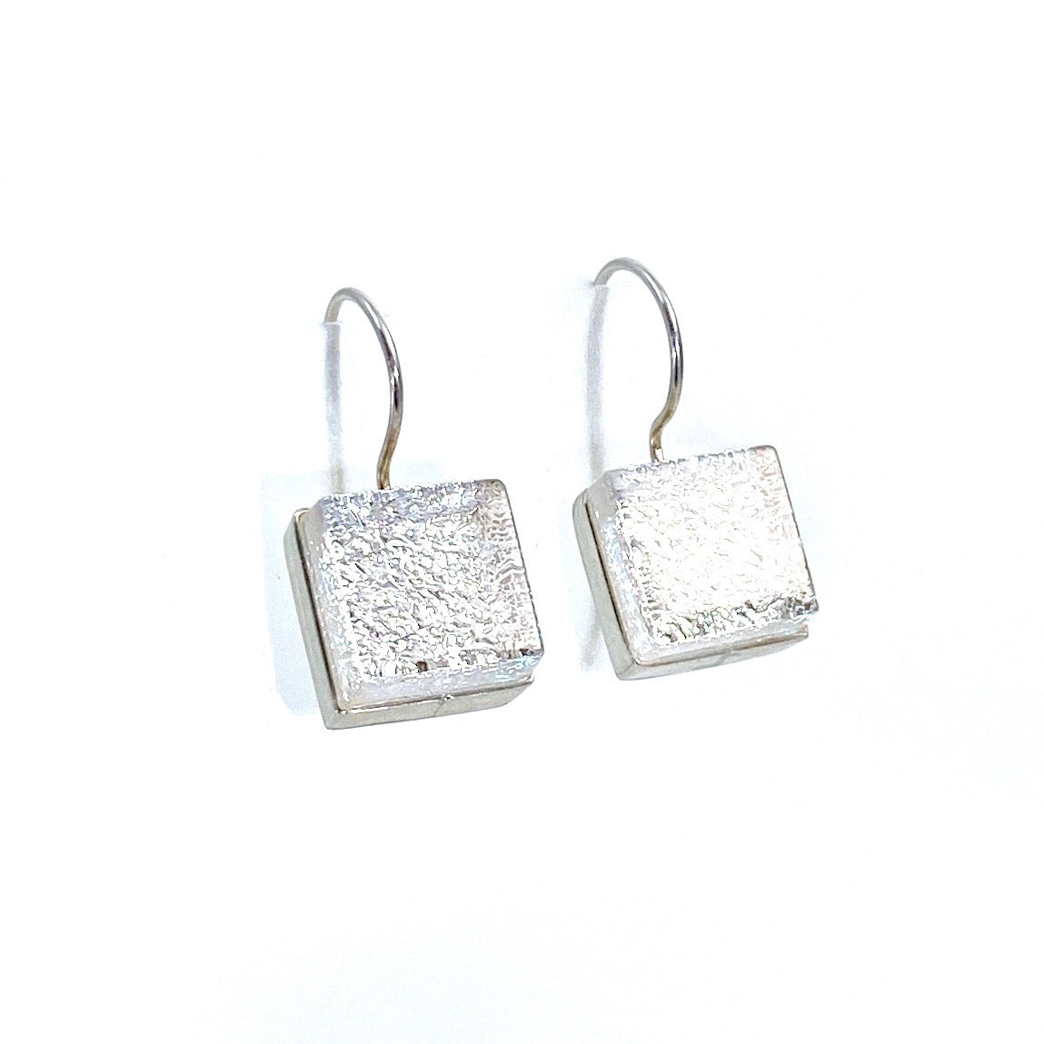 pearl, white, square earrings, fused glass, glass jewelry, glass and silver jewelry, handmade, handcrafted, American Craft, hand fabricated jewelry, hand fabricated jewellery,  Athen, Georgia, colorful jewelry, sparkle, bullseye glass, dichroic glass, art jewelry