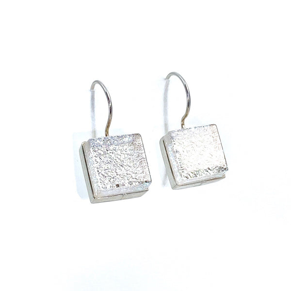 pearl, white, square earrings, fused glass, glass jewelry, glass and silver jewelry, handmade, handcrafted, American Craft, hand fabricated jewelry, hand fabricated jewellery,  Athen, Georgia, colorful jewelry, sparkle, bullseye glass, dichroic glass, art jewelry