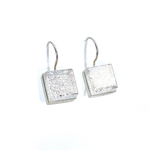 pearl, white, square earrings, fused glass, glass jewelry, glass and silver jewelry, handmade, handcrafted, American Craft, hand fabricated jewelry, hand fabricated jewellery,  Athen, Georgia, colorful jewelry, sparkle, bullseye glass, dichroic glass, art jewelry