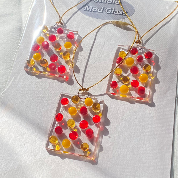 Polka Dot Rectangle Ornaments (3) Red & Yellow
