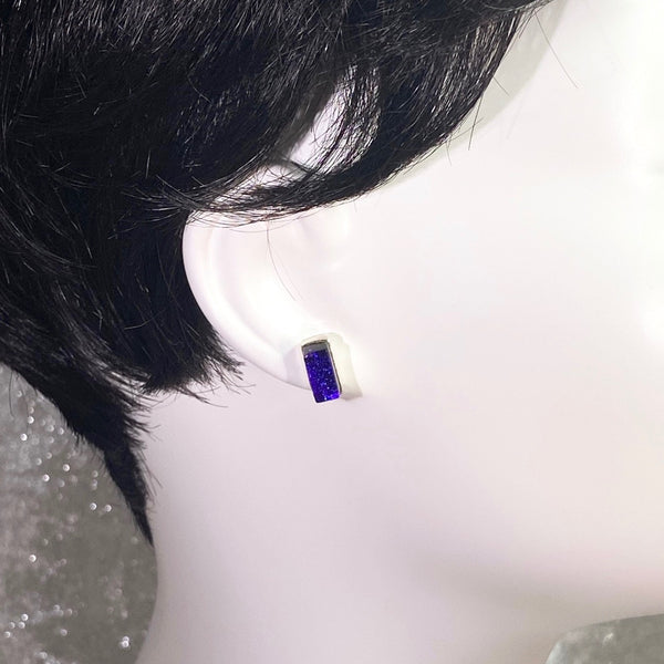 purple, rectangle earrings, fused glass, glass jewelry, glass and silver jewelry, handmade, handcrafted, American Craft, hand fabricated jewelry, hand fabricated jewellery, Athen, Georgia, colorful jewelry, sparkle, bullseye glass, dichroic glass, art jewelry