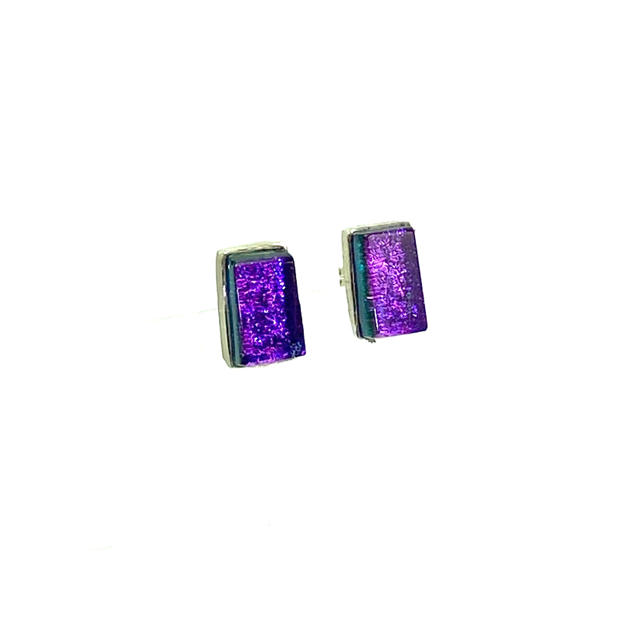 purple, rectangle earrings, fused glass, glass jewelry, glass and silver jewelry, handmade, handcrafted, American Craft, hand fabricated jewelry, hand fabricated jewellery,  Athen, Georgia, colorful jewelry, sparkle, bullseye glass, dichroic glass, art jewelry