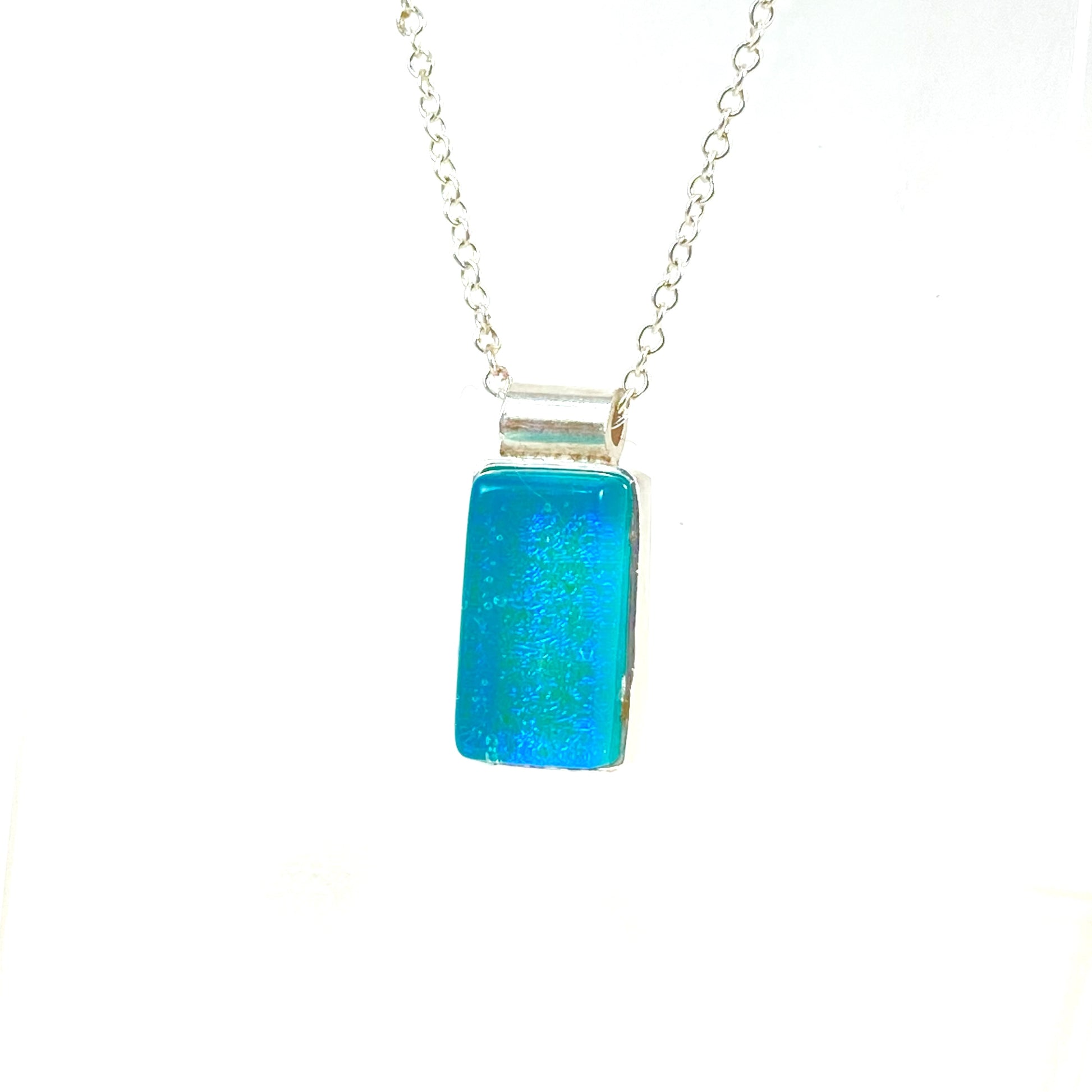 Rectangle Caribbean blue glass small necklace, sterling silver cable chain, glass jewelry, glass and silver jewelry, handmade, handcrafted, American Craft, hand fabricated jewelry, hand fabricated jewellery, Athen, Georgia, colorful jewelry, sparkle, bullseye glass, dichroic glass, art jewelry