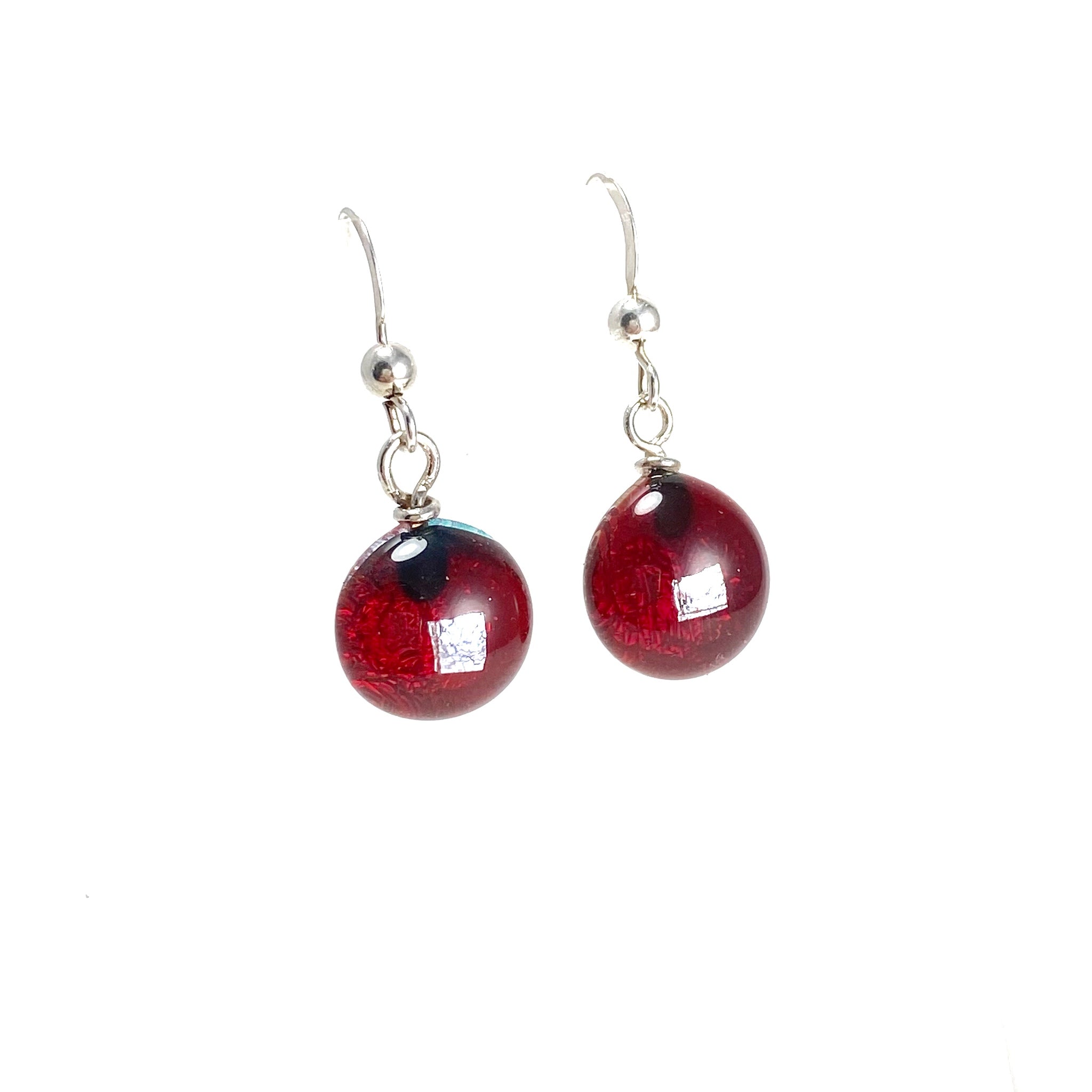 red, space balls, sparkle, glass drops, earrings, fused glass, glass jewelry, glass and silver jewelry, handmade, handcrafted, American Craft, hand fabricated jewelry, hand fabricated jewellery, Athen, Georgia, colorful jewelry, sparkle, bullseye glass, dichroic glass, art jewelry
